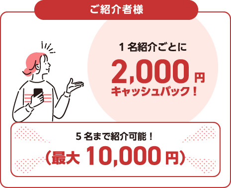 ご紹介者様 1名紹介ごとに2,000円キャッシュバック！ 5名まで紹介可能！（最大10,000円）