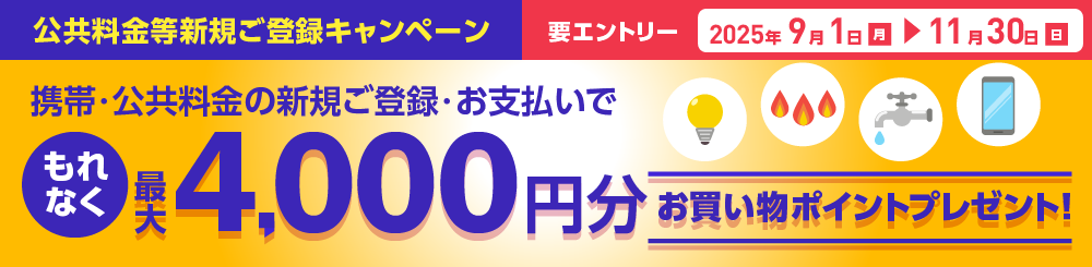 公共料金新規ご登録キャンペーン 携帯・公共料金の新規ご登録・お支払いでもれなく最大4,000円分お買い物ポイントプレゼント！