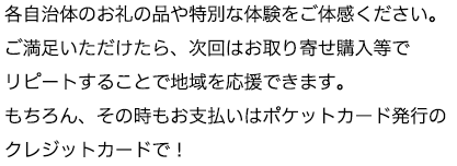 各自治体のお礼の品や特別な体験をご体感ください。ご満足いただけたら、次回はお取り寄せ購入等でリピートしてはいかがでしょう。もちろん、その時もお支払いはポケットカード発行のクレジットカードで！