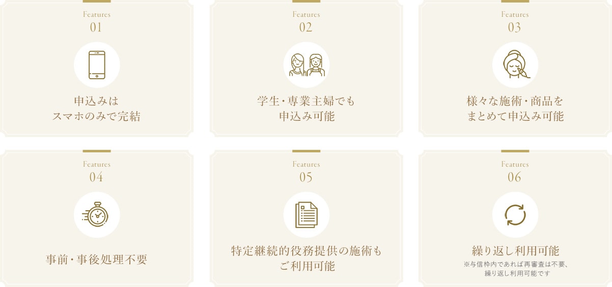 1.申込みはスマホのみで完結 2.学生・専業主婦でも申込み可能 3.様々な施術・商品をまとめて申込み可能 4.事前・事後処理不要 5.特定継続的役務提供の施術もご利用可能 6.繰り返し利用可能