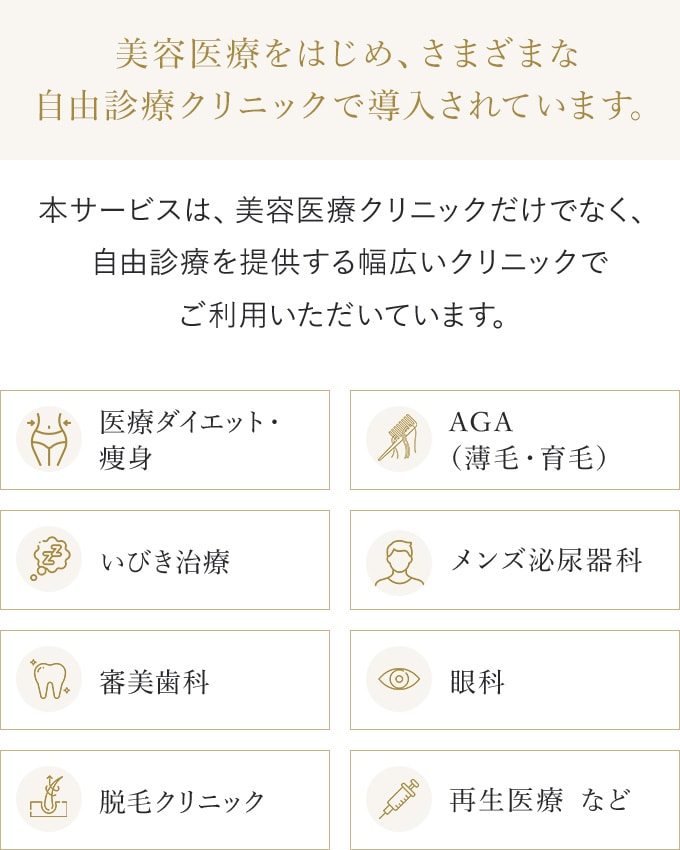 美容医療をはじめ、さまざまな自由診療クリニックで導入されています。 医療ダイエット・痩身 AGA（薄毛・育毛） いびき治療 メンズ泌尿器科 審美歯科 眼科 脱毛クリニック 再生医療など