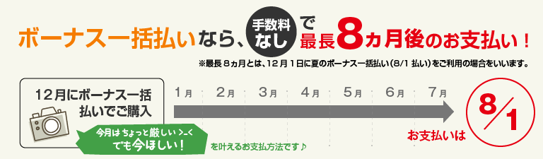 ボーナス一括払いなら、手数料なしで最長8ヵ月後のお支払い！